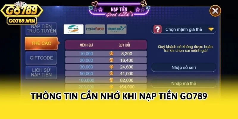 Thông tin cần nhớ khi nạp tiền Go789